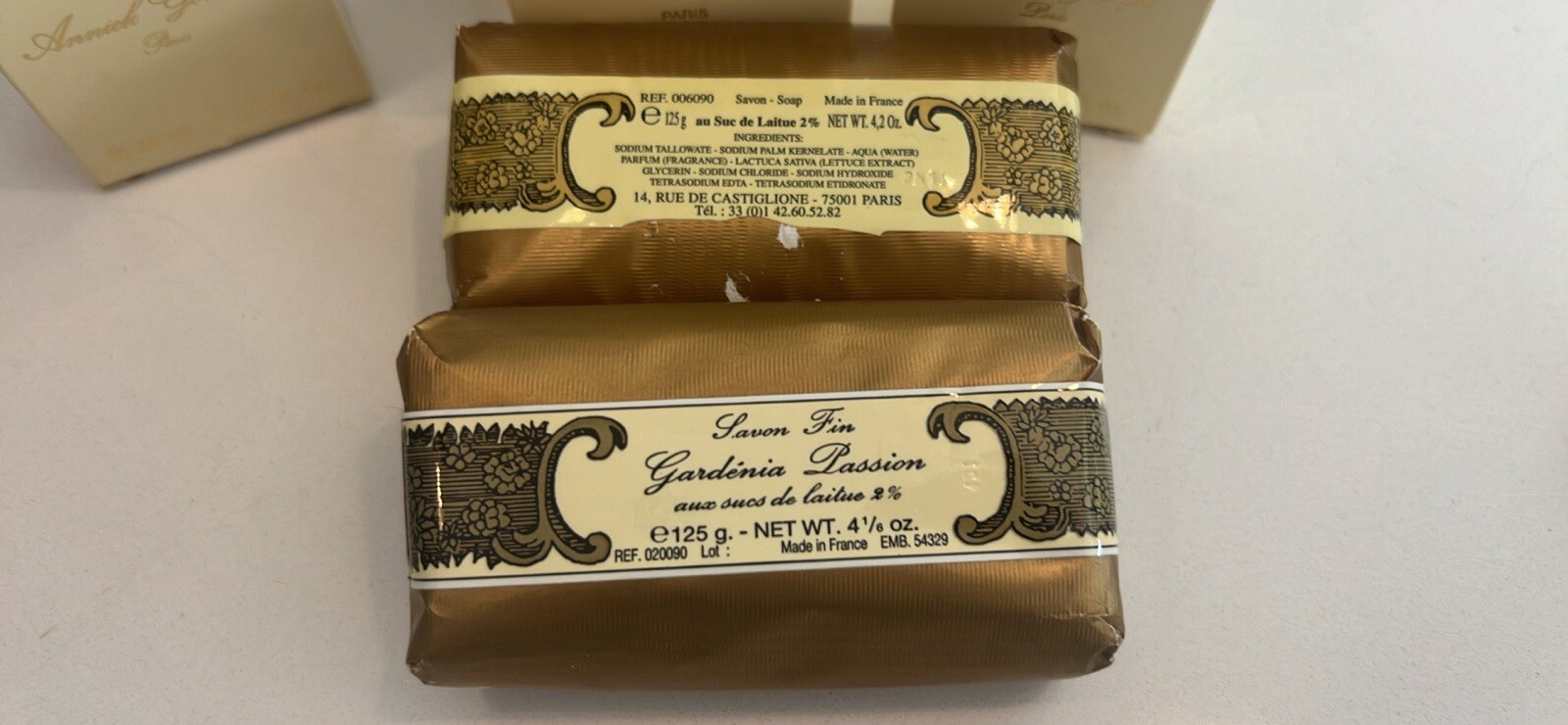 ANNICK GOUTAL Perfume Set 4.16oz. gold-wrapped soaps Gardenia Passion & Hadrien