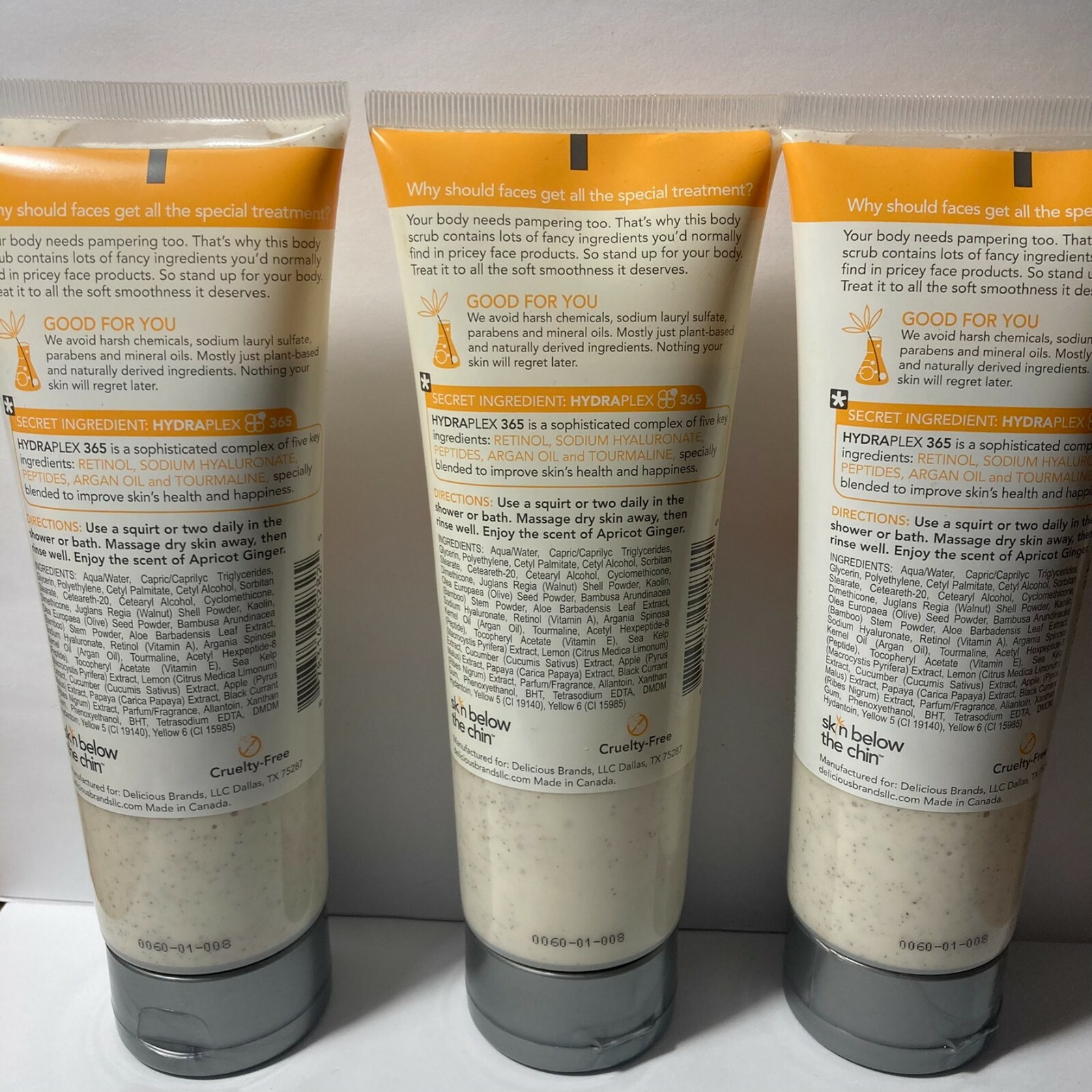 3 DAMAGED Skin Below The Chin Exfoliating Body Scrub Apricot Ginger DISCONTINUED