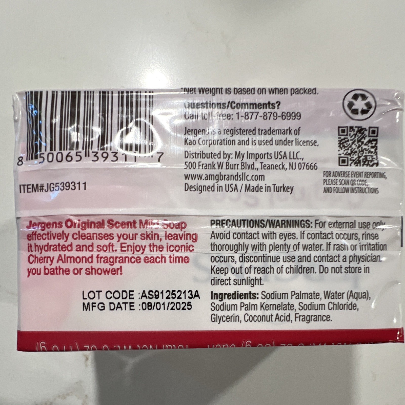 Jergens Original Scent Cherry Almond Mild Soap (Lot of 8, 16 bars total)