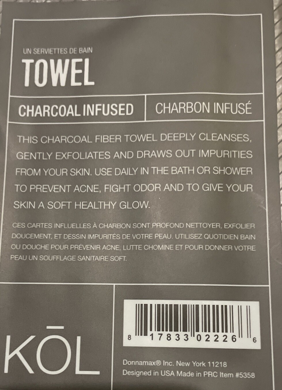 Donnamax KOL Charcoal Infused Towel 36″x9″ Black/Gray Striped (NEW)