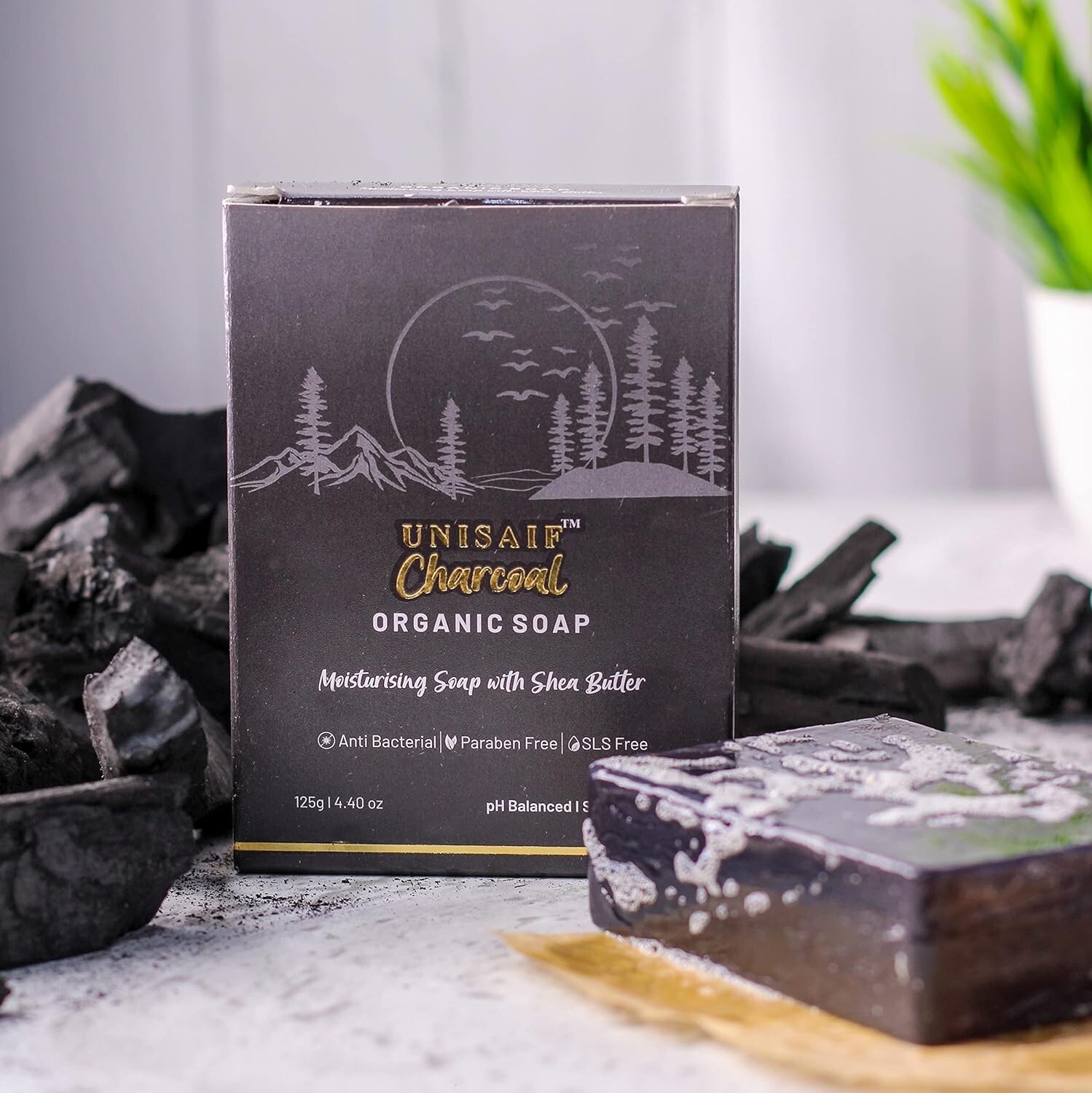 Unisaif Classic Charcoal Organic Body Soap Bar, Moisturizing With Shea Butter