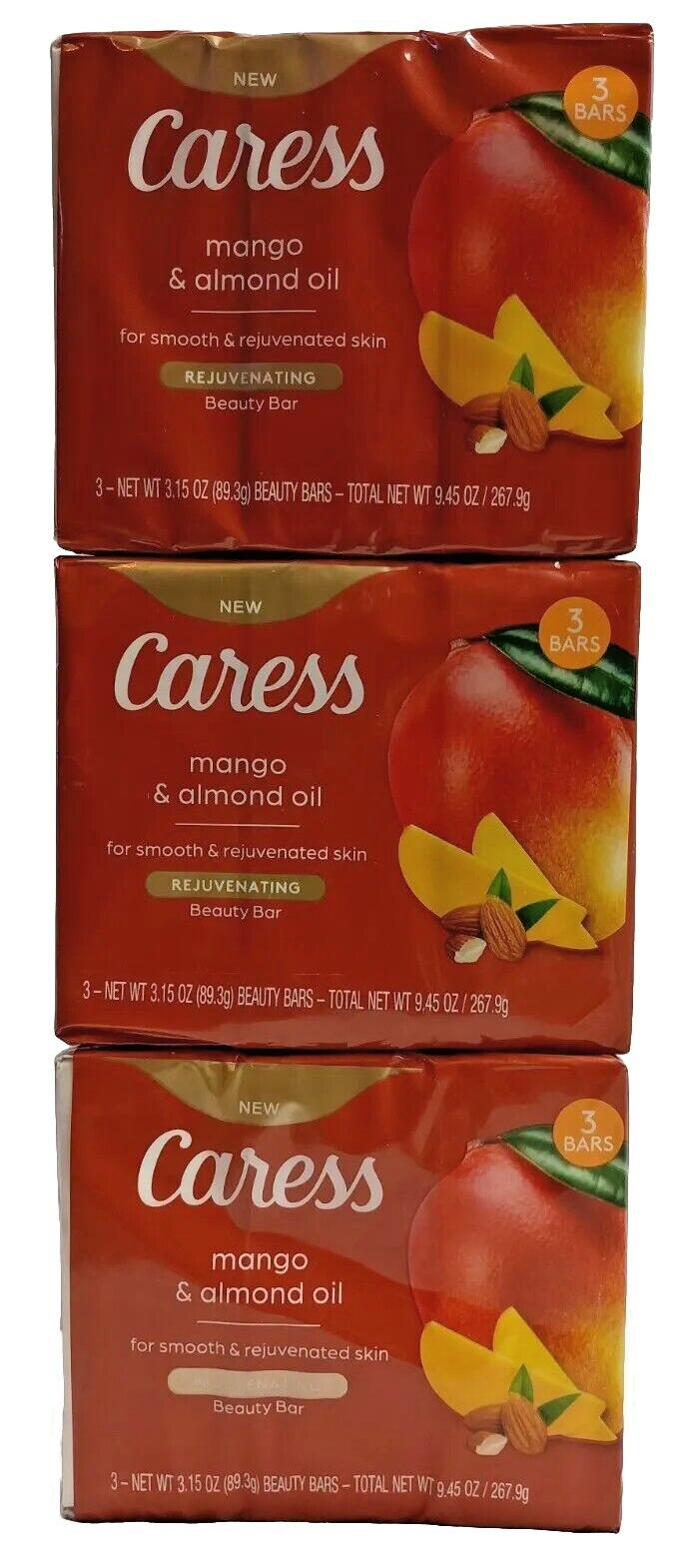 9 Bars Caress Mango & Almond Oil Rejuvenating Bar Soap 3.15 Oz. Each