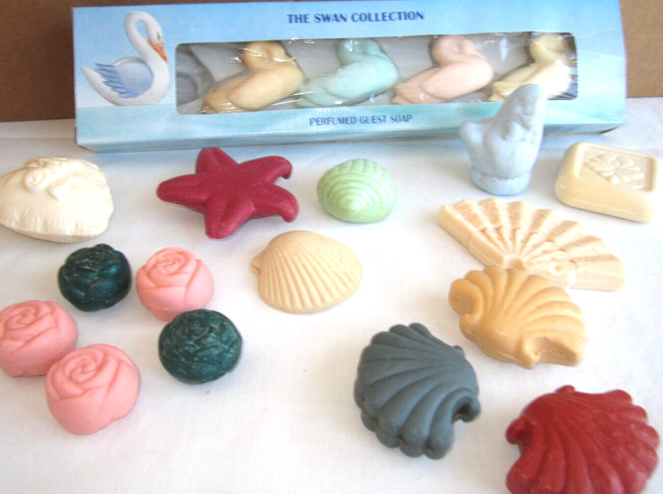Vintage perfumed guest soaps multi colors set of 19 Swans Shells Floral Roses