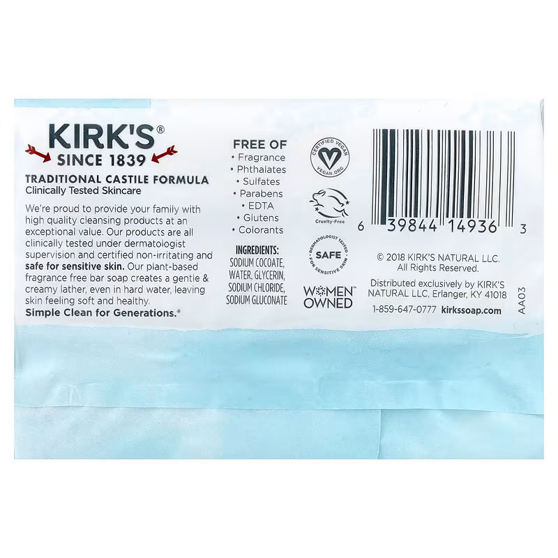 Kirks Gentle Castile Bar Soap with Premium Coconut Oil Fragrance Free 4 oz 3 ct