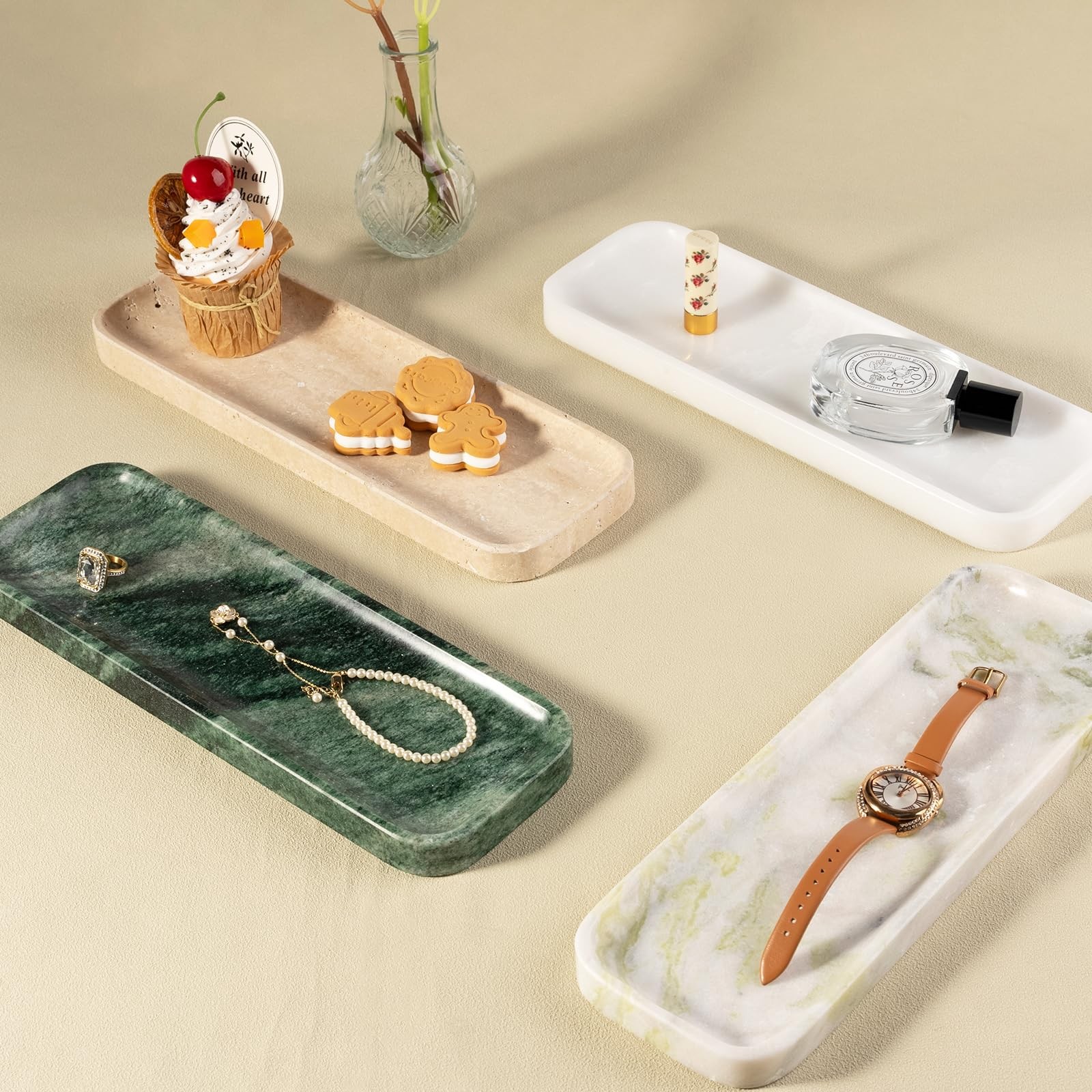 Koville Marble Tray, 12″x4″ Marble Vanity Tray for Bathroom Kitchen Countertop S