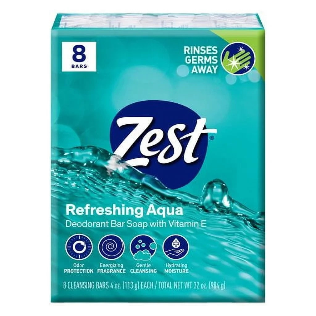 Zest Refreshing Aqua Deodorant Bar Soap, Bonus Size 4.12 oz, Vitamin E (8 Pack)