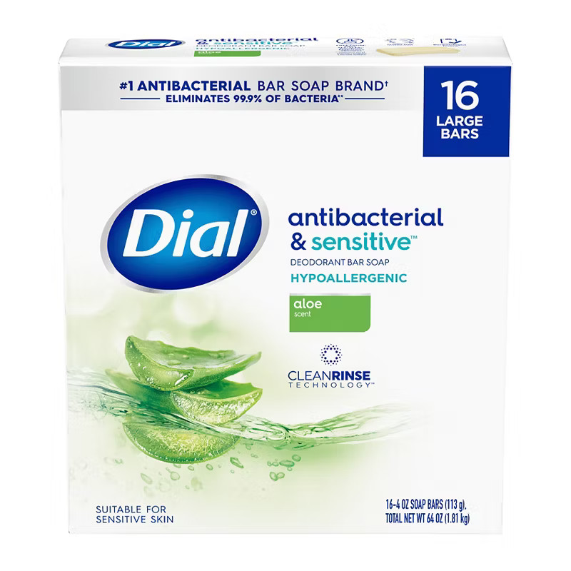 Dial Antibacterial Sensitive Bar Soap Aloe Scent 16 Large Bars Hypoallergenic