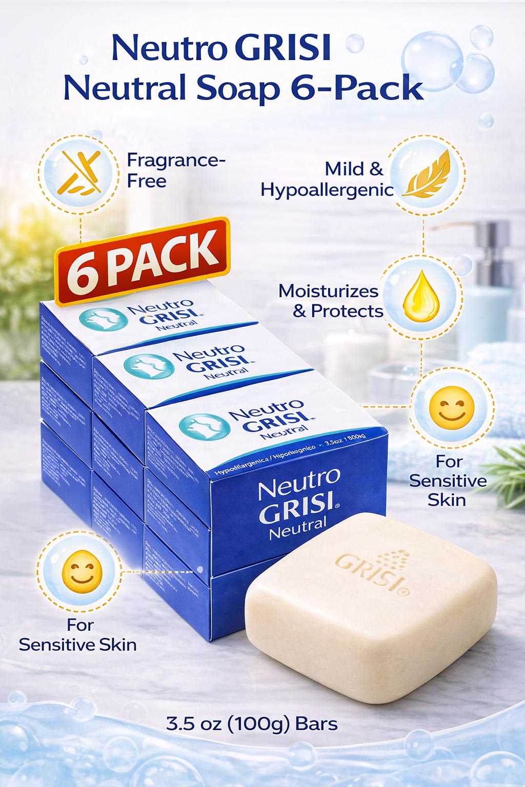 Neutro Grisi Soap 6 Pack Hypoallergenic Sensitive Skin Fragrance Free Bar