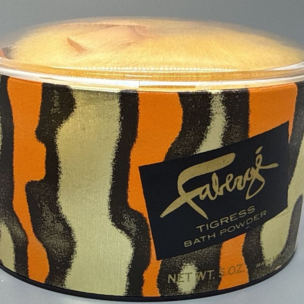 NOS Faberge Tigress Bath Powder, Original Puff & Savon Tigress Soap Set New Vtg