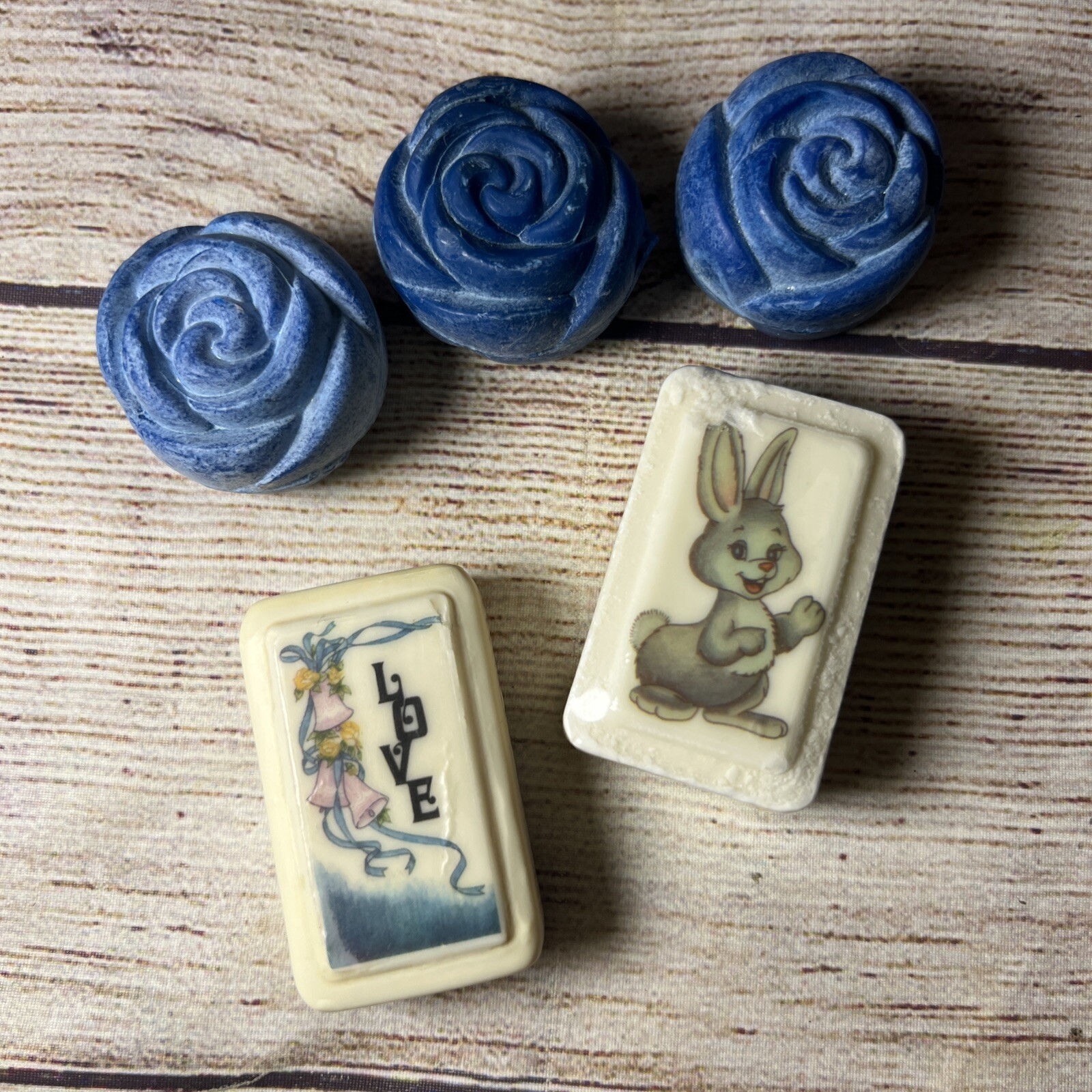 Vtg Lot 5 Fancy Soaps Blue Flowers Bunny Rabbit Bells Love 2” 1.5”