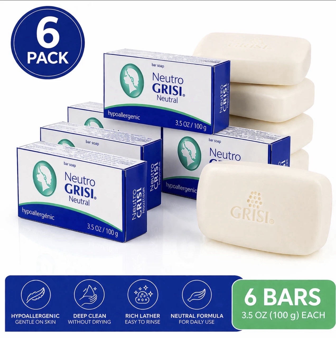 6 Pack Neutral Soap, Jabon Neutro, Grisi 3.5 Oz. X 6 Units