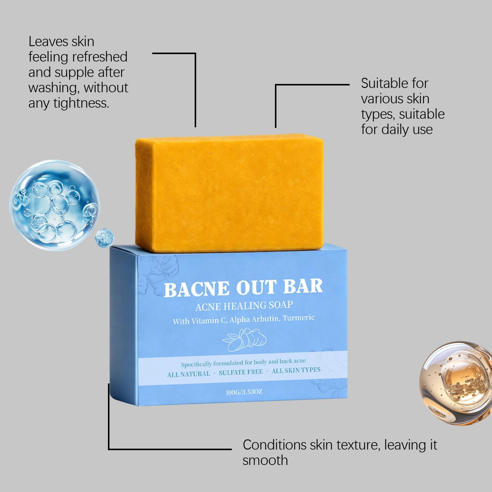 Bacne Out Bar, Acne Healing Soap with Turmeric Vitamin C& Alphaarbutin