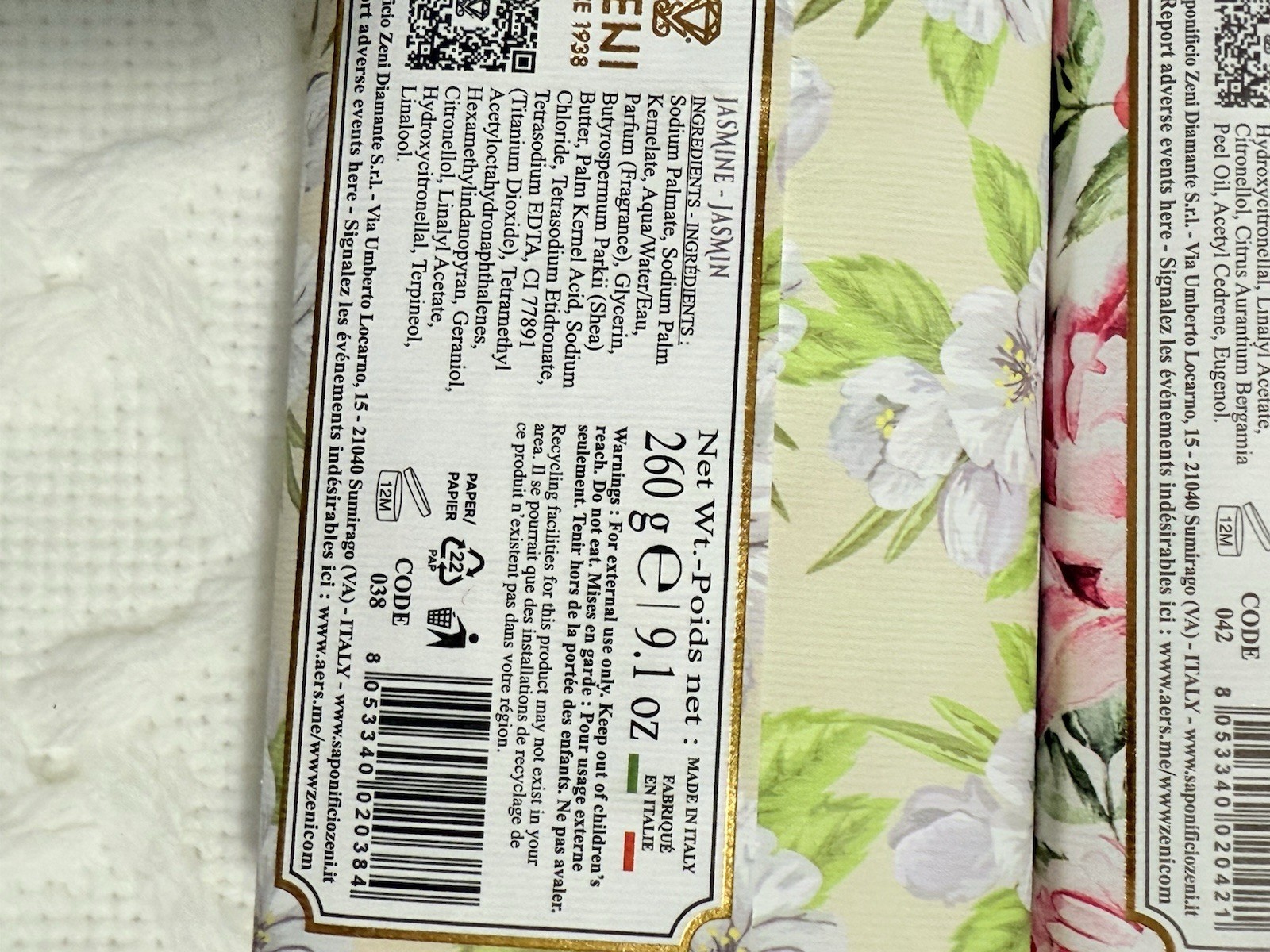 2 pcs ZENI Scent :Peony & Jasmine Fine Triple Milled ITALIAN Soap Bar 9.1 Oz