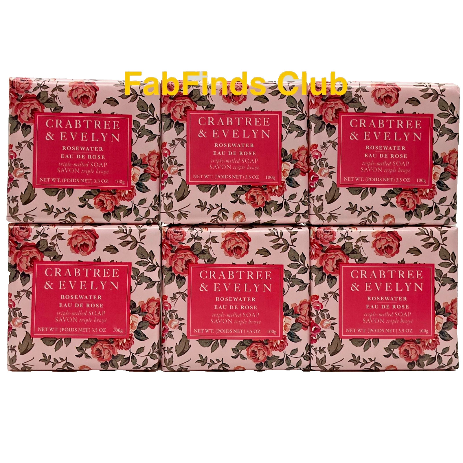 Crabtree & Evelyn Rosewater Bar Soap Triple Milled 21oz (6×3.5oz) 6pc Set