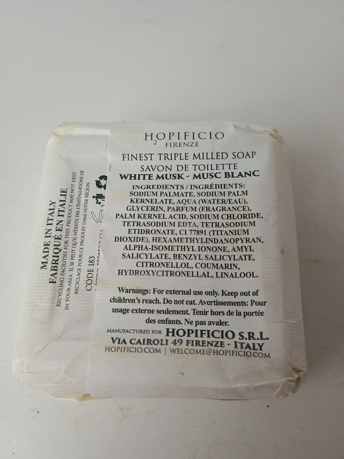 Hopificio White Musk Finest Triple Milled Bar Soap 5.2 oz New Italy New Savon