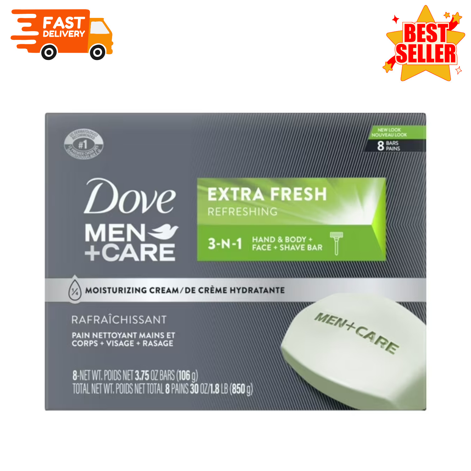 Dove Men+Care 3-in-1 Extra Fresh 8 Bars Body Face & Shave Cleanser 3.75oz New