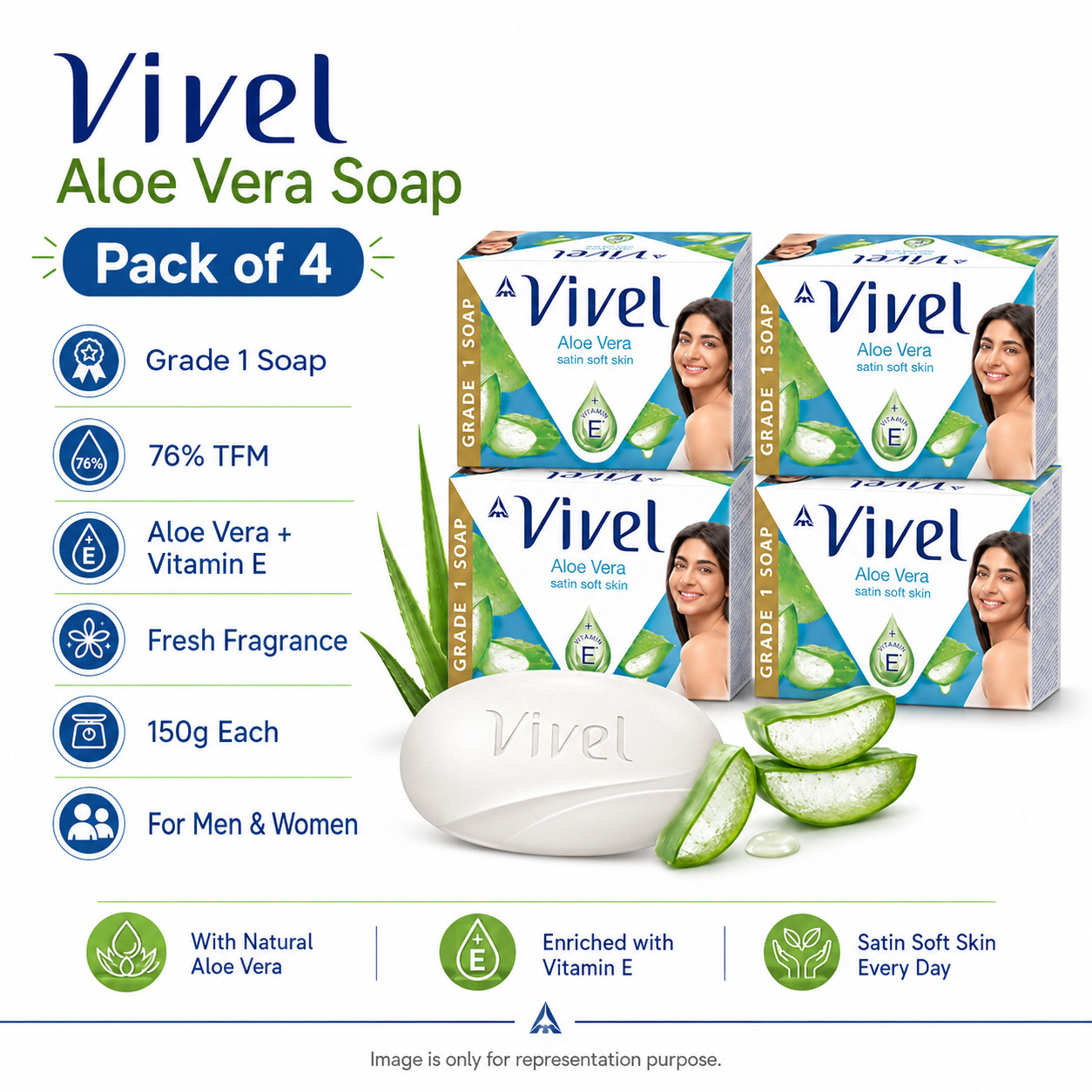 Vivel Aloe Vera Soap 150g Vitamin E 76% TFM Grade 1 Satin Bath Bar Pack of 4 FS