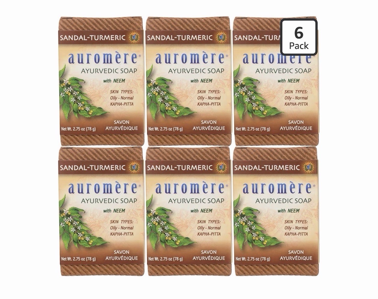 Auromere Ayurvedic Sandal Turmeric Soap 2.75 oz Vegan Neem – 6 Pack