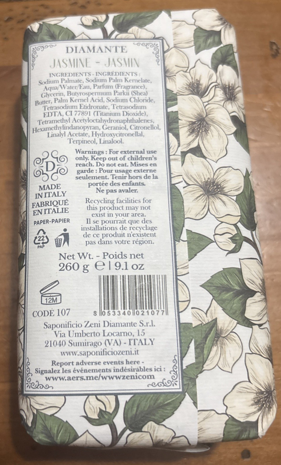 Diamante Italian Luxury Bath Bar Soap Jasmine scented 9.1oz triple milled