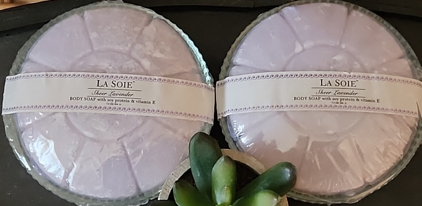 2 x LA SOIE Sheer Lavender Body Soap Glass Dish Soy Protein & Vitamin E