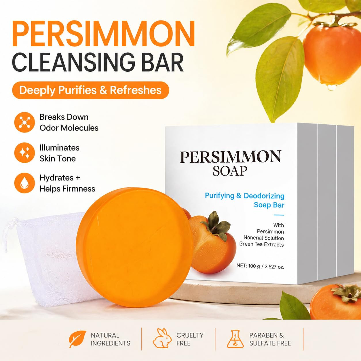 Persimmon Soap for Old People Smell, Nonenal Odor, 3 Pack, 10.5 oz | Three 3.5 o