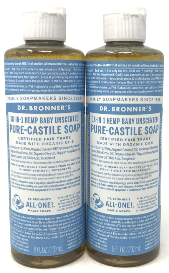 (2) Dr. Bronner’s 18-In-1 Hemp Baby Unscented Pure-Castile Soap Sealed 8 fl oz
