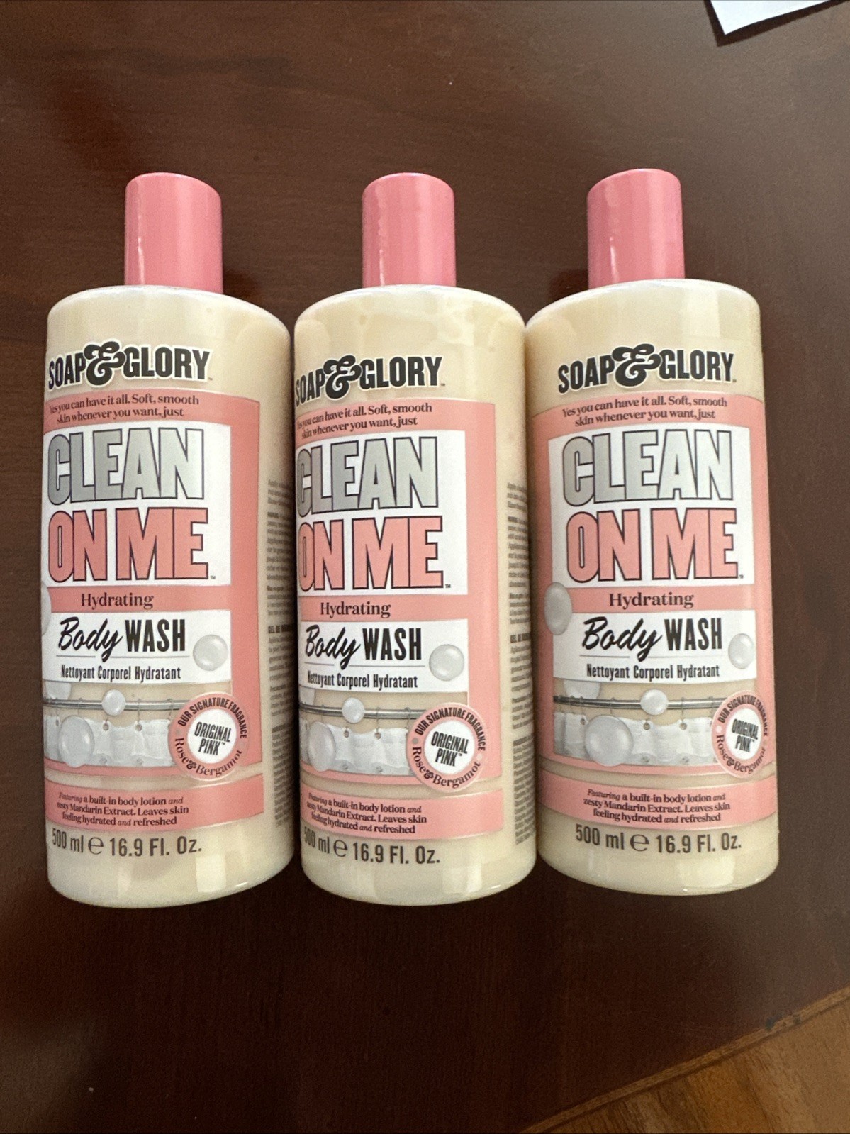 3 Soap & Glory Clean On Me Hydrating Body Wash 16.9oz Each Original Pink