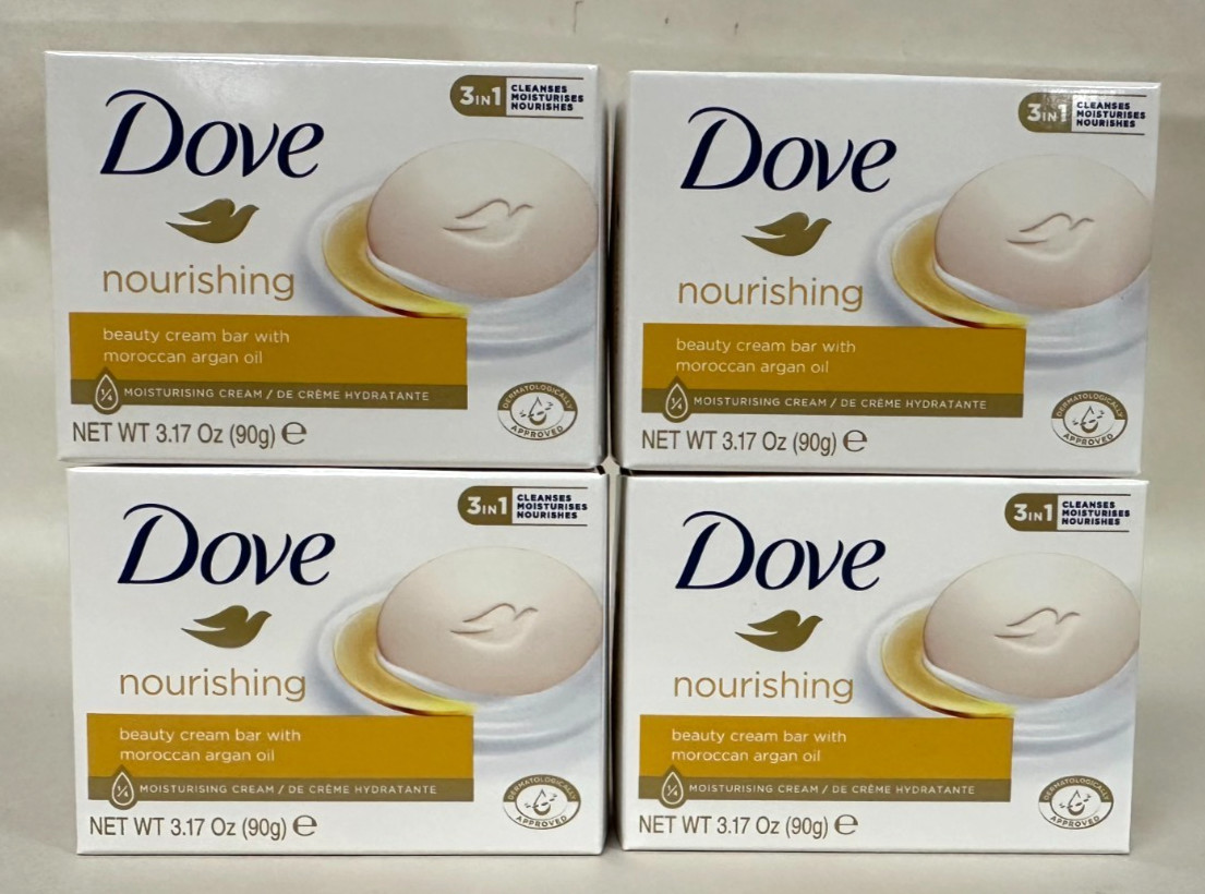 4 Pack Dove 3 in 1 Nourishing Beauty Cream Bar with Moroccan Argan Oil 3.17 Oz.