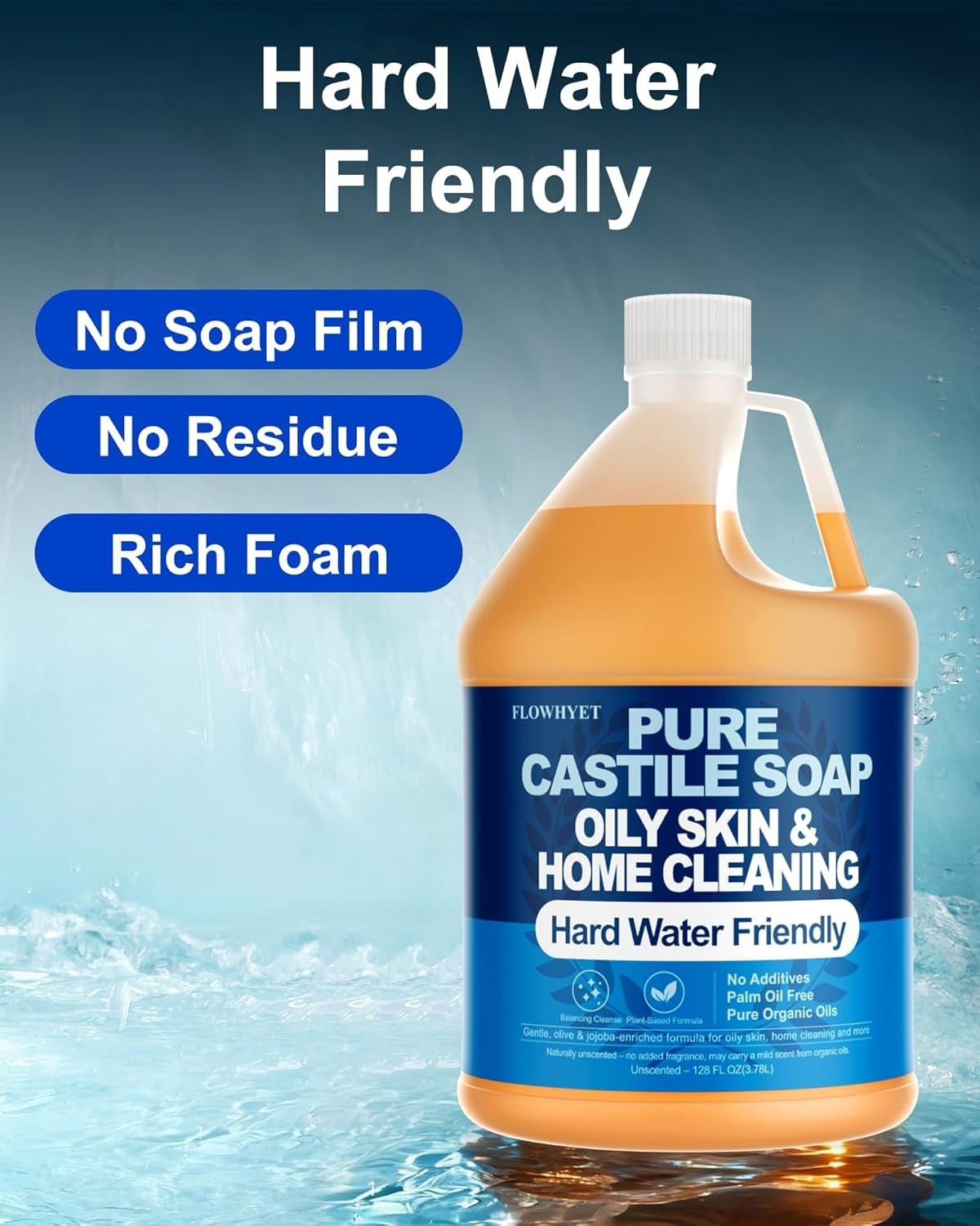 EWG Verified 1Gallon Pure Castile Soap Liquid, Organic Hand Soap Refill, Natural
