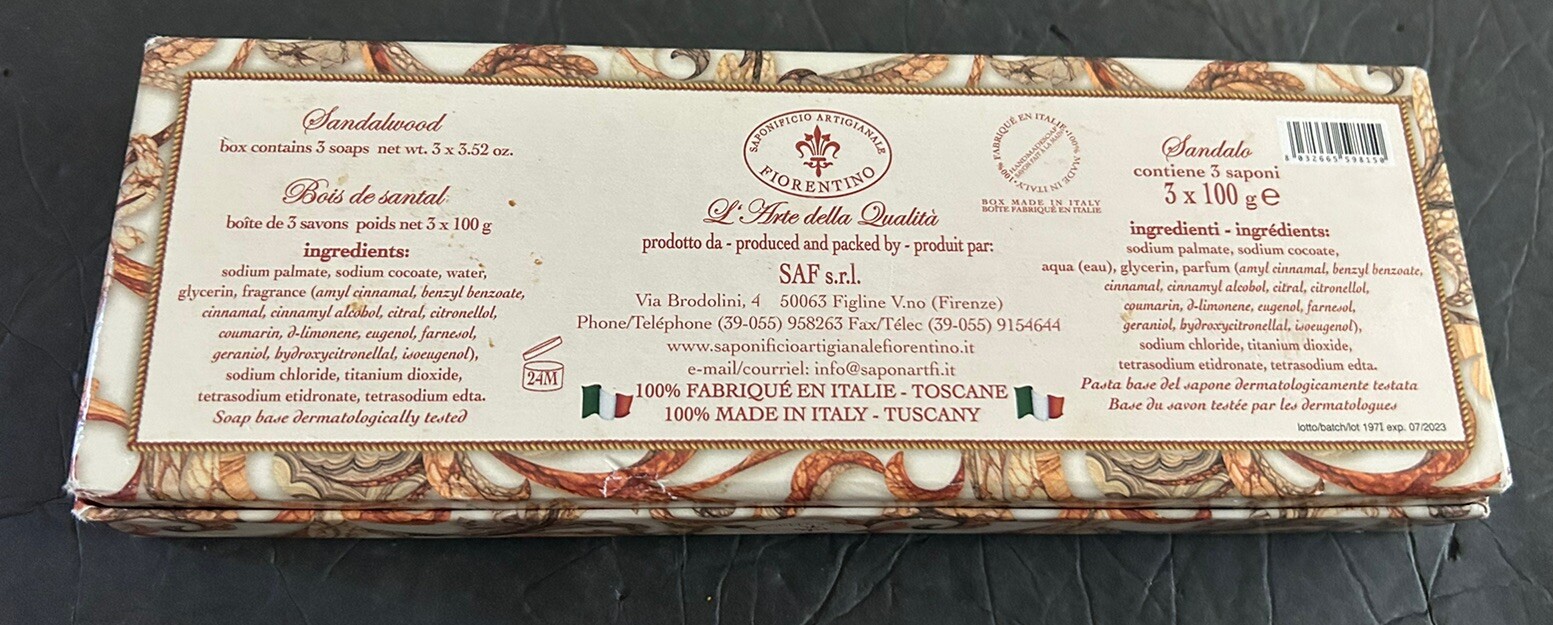 Sandalo Sandalwood Soaps 3- 3.35 oz Box Set Made in Tuscany Italy
