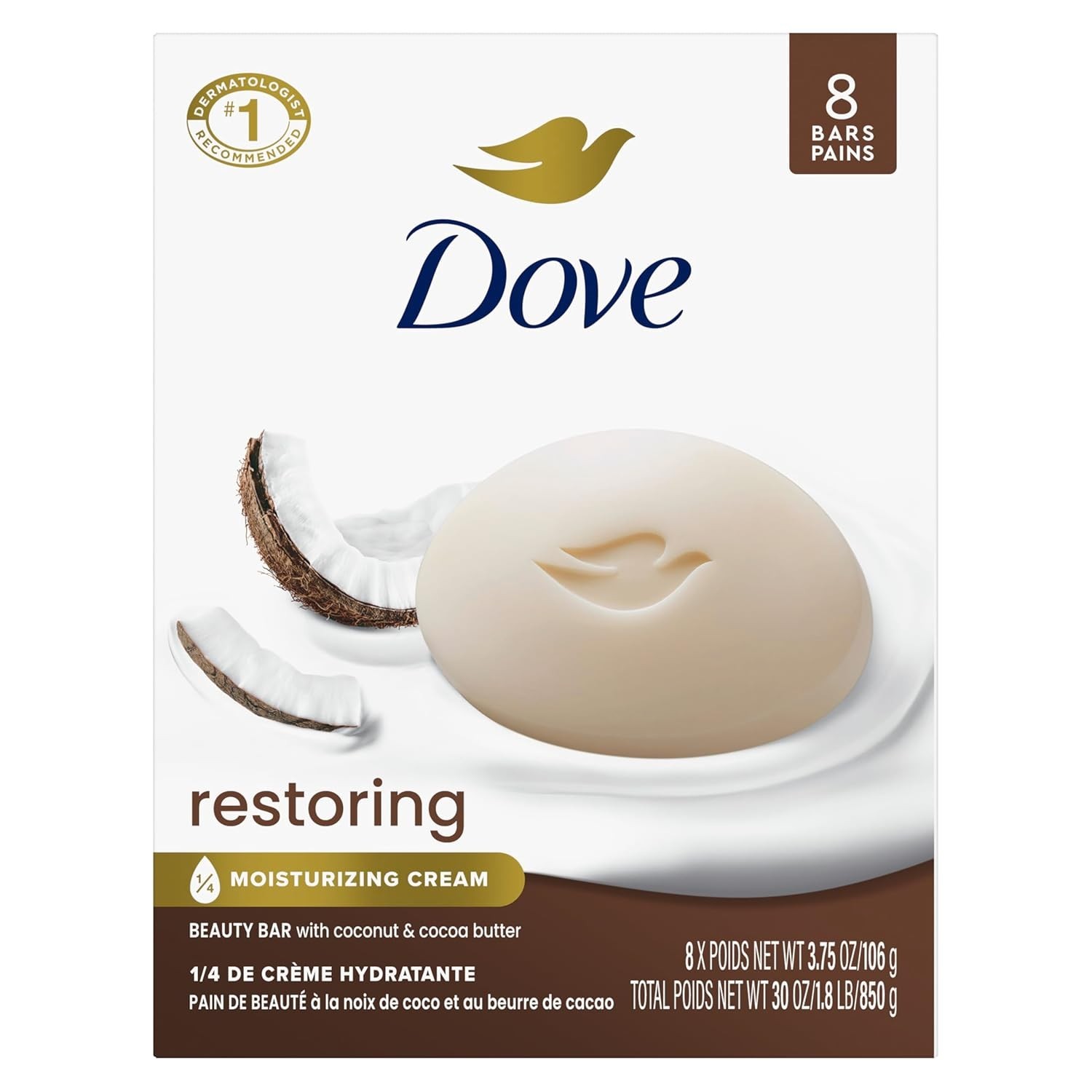 8-Pack Dove Restoring Beauty Bars – Nourishing Coconut & Cocoa Butter Formula