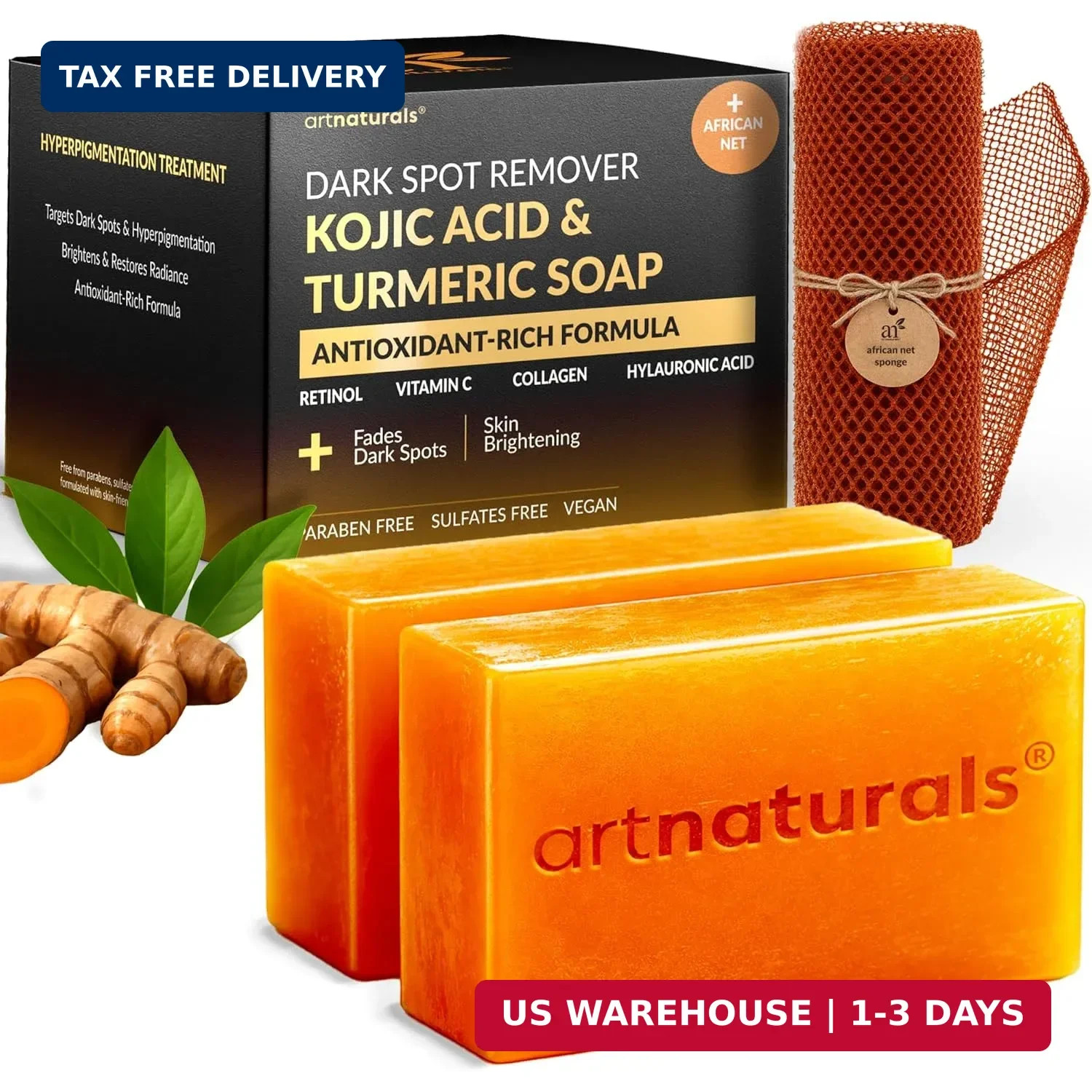 artnaturals Kojic Acid, Turmeric Dark Spot Remover Soap Bars with Vitamin C, Ret