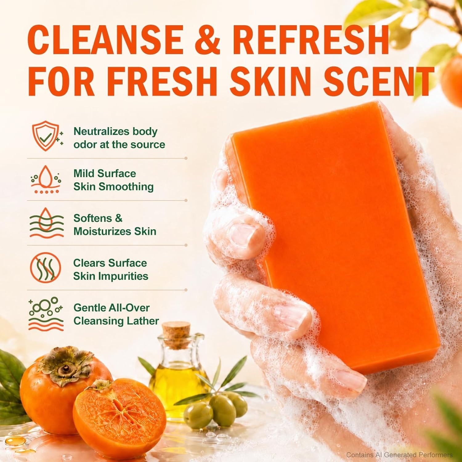 5 PCS Persimmon Soap Bar（80g） for Body Odor Control, Natural Refreshing Body …