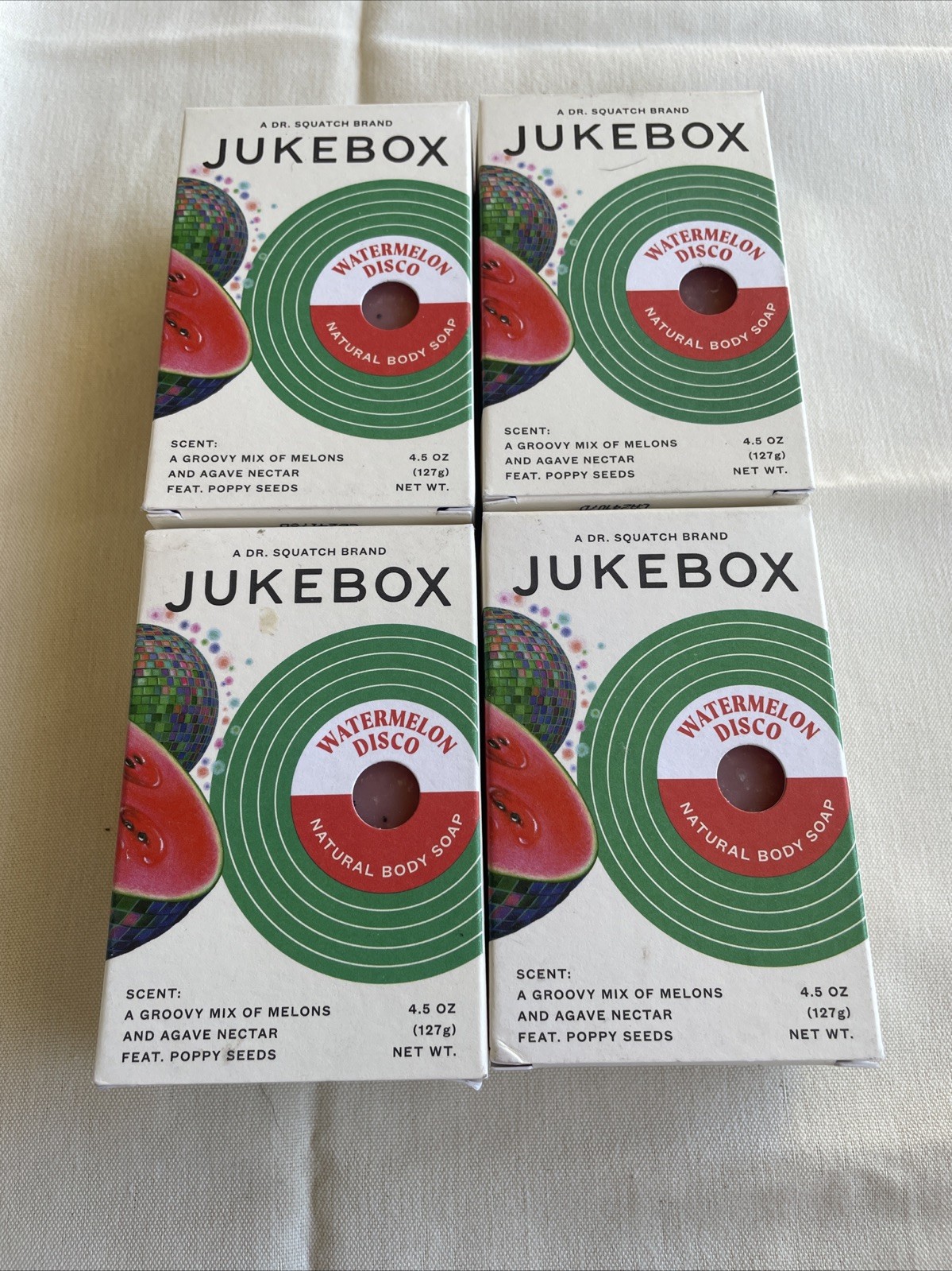 Lot Of 4 JUKEBOX Watermelon Disco Body Soap W/ Poppy Seeds 4.5oz/bar Dr. Squatch