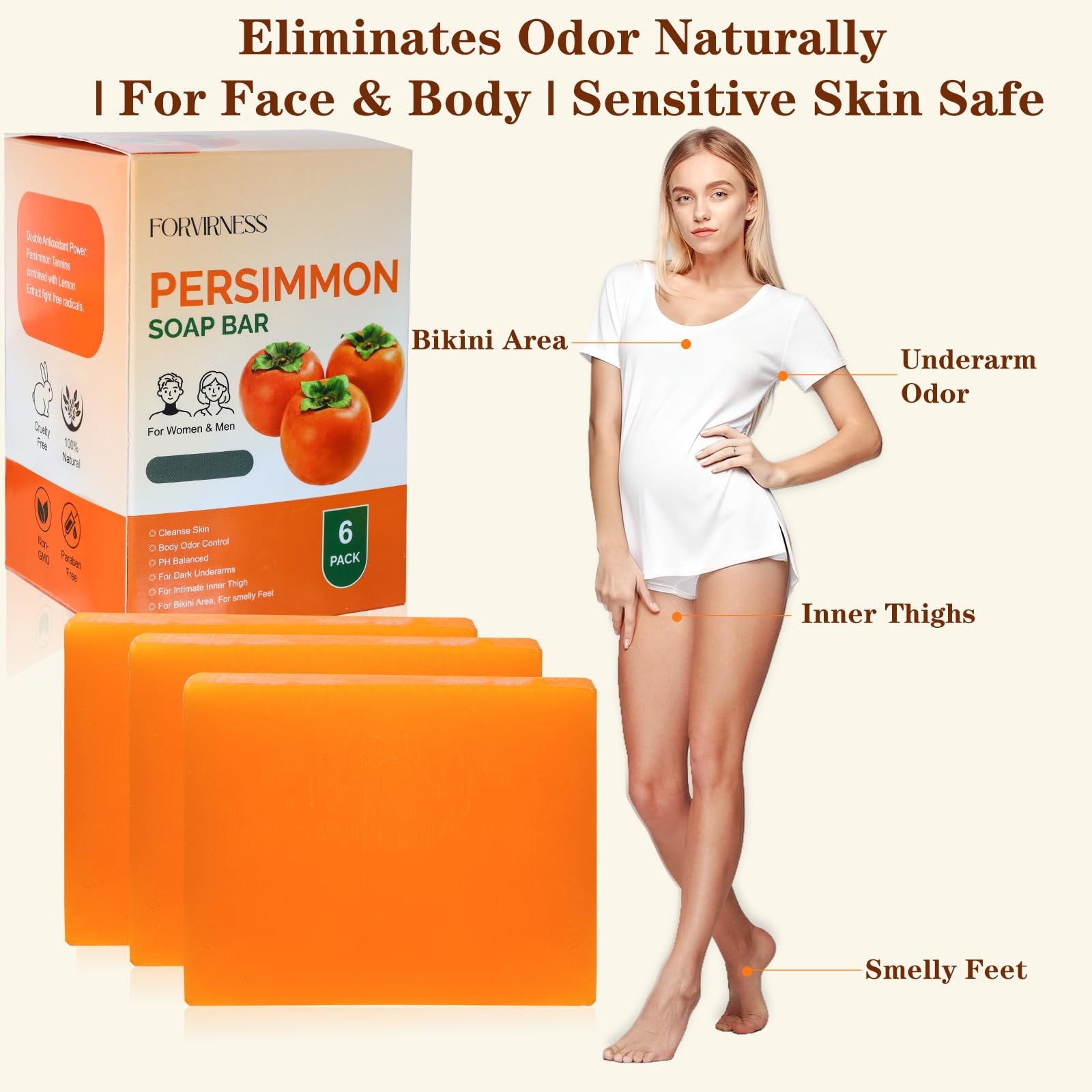 6 PCS Persimmon Soap Bar for Body Odor Control, Natural Deodorant Body Bar So…