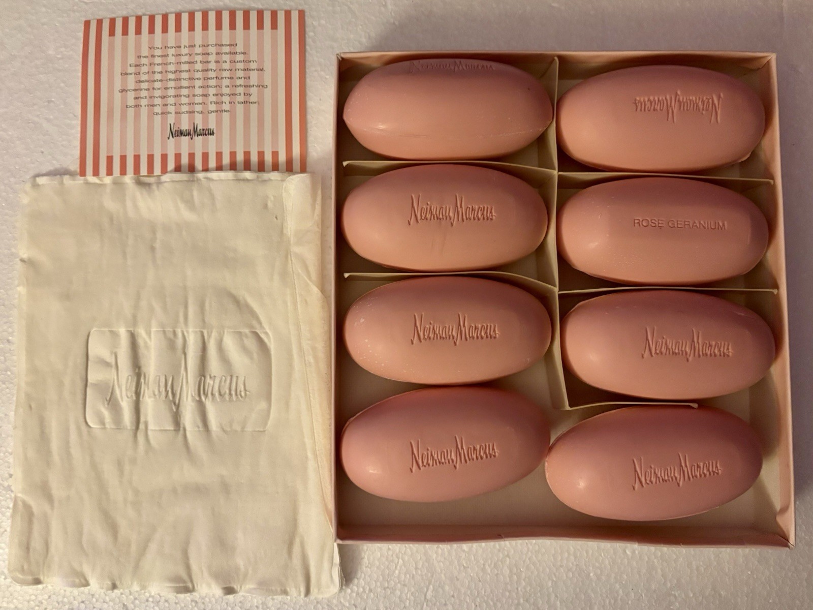 Neiman Marcus Rose Geranium Hand Soap – 8 Pink Oval Cakes “New in Box”