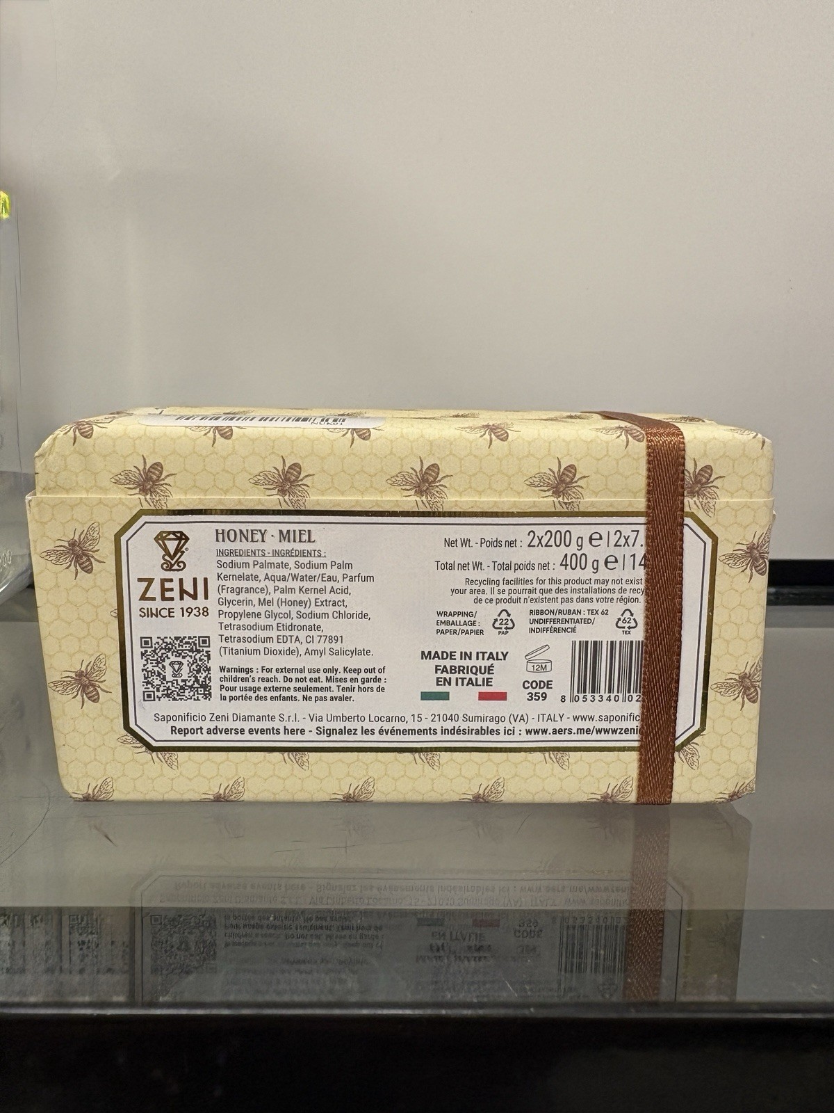 NEW Honey Miel Triple Milled Soap Bar Set 2x200g 14oz Made in Italy Gift Box.