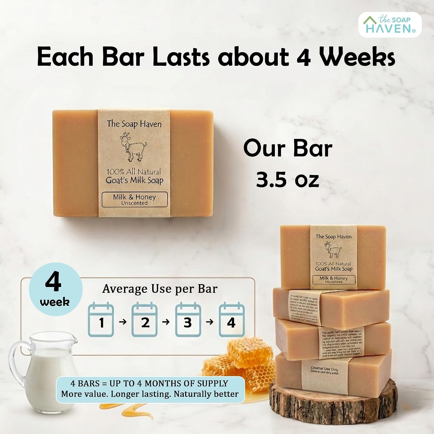 4 Goat Milk Soap Bars with Honey – Unscented & Fragrance-Free for Sensitive Skin