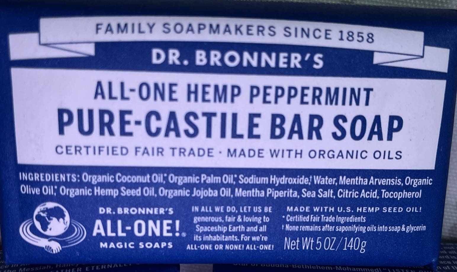 Dr. Bronner’s Pure Castile Bar Soap All-One Hemp Peppermint; Five 5oz Bars
