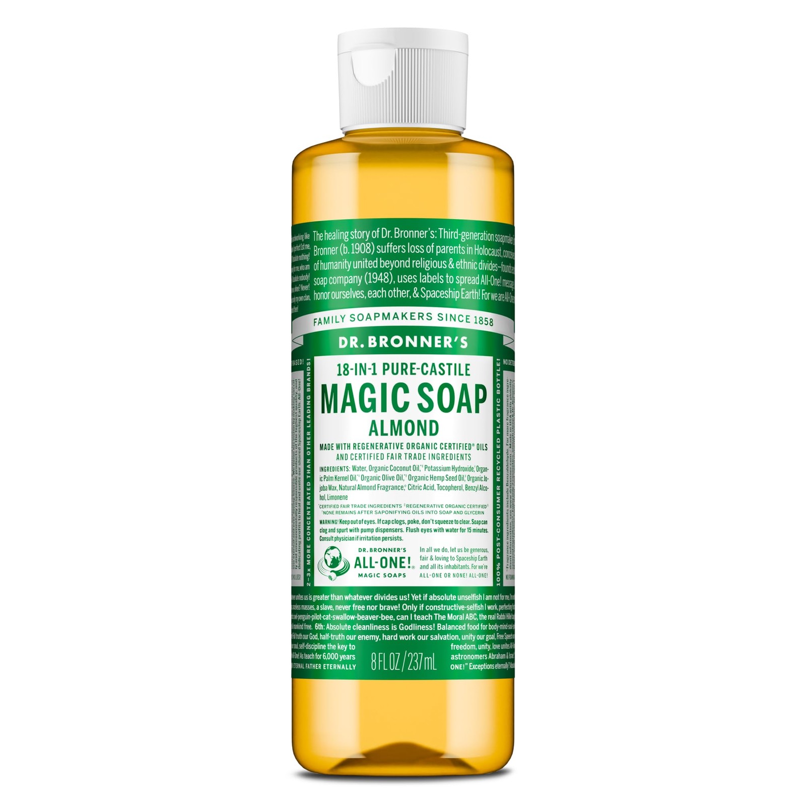 Dr. Bronner’s Pure-Castile Liquid Soap, Almond, 8 oz – 18-in-1 Uses, Vegan