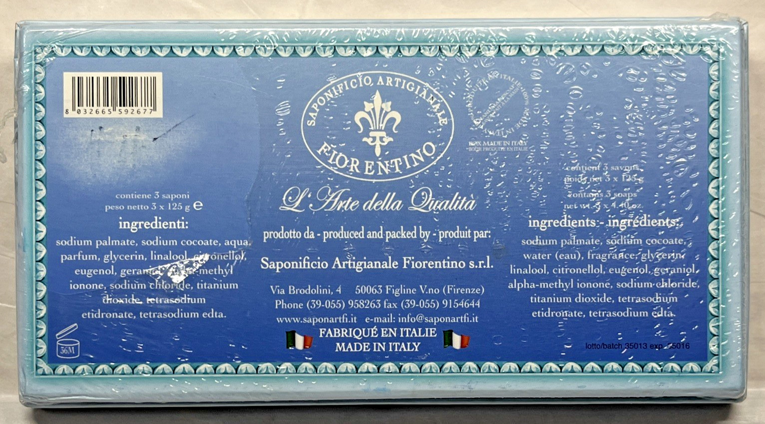 Saponificio Artigianale Fiorentino Acqua Marina Bar Soap From Italy 3 x 4.40oz