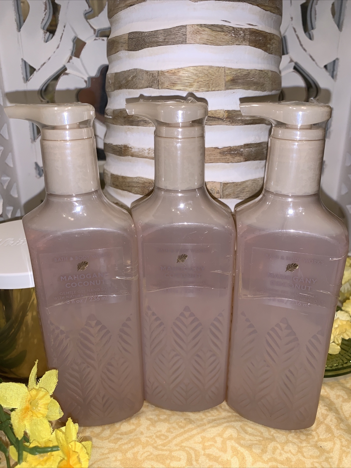 Bath & Body Works Gentle Gel Hand Soap Lot Set 3 MAHOGANY COCONUT w/ essen. oils