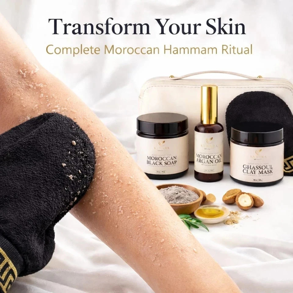 Moroccan Hammam Spa Kit Set 5(Black Soap, Argan Oil, Rhassoul Clay, Kessa glove}