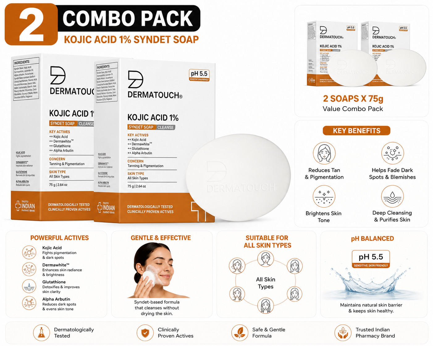 Dermatouch Kojic Acid 1% Syndet Soap 75 g Pack Of 2