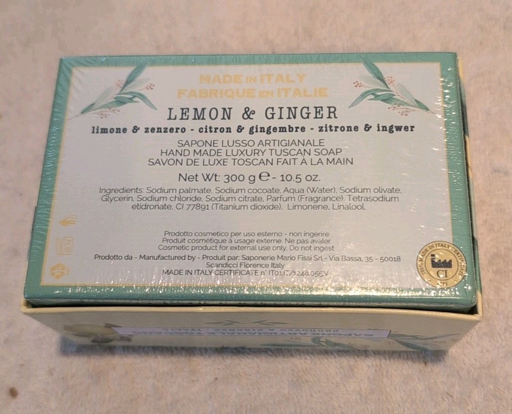 Lemon And Ginger Sapone Savon Bar Soap Made in Italy 10.5 ounces