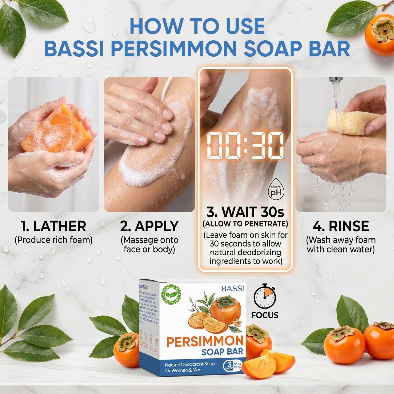 3 PCS Persimmon Soap Bar for Body Odor Control, 0.33 Ounce (Pack of 3)