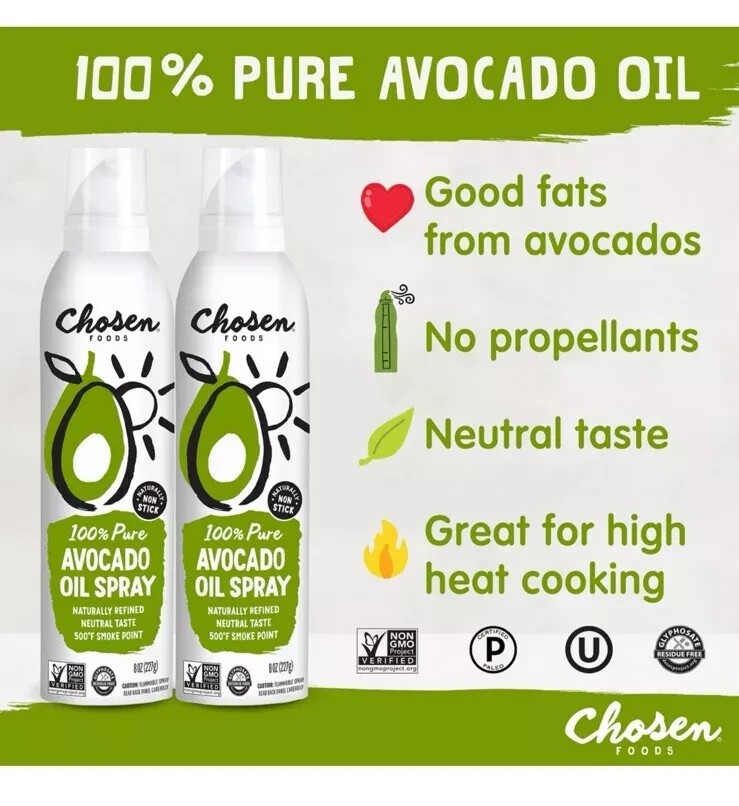 2 Pk Chosen Foods 100% Pure Avocado Oil Spray, Cooking, Dressing, 13.5 Oz. Each