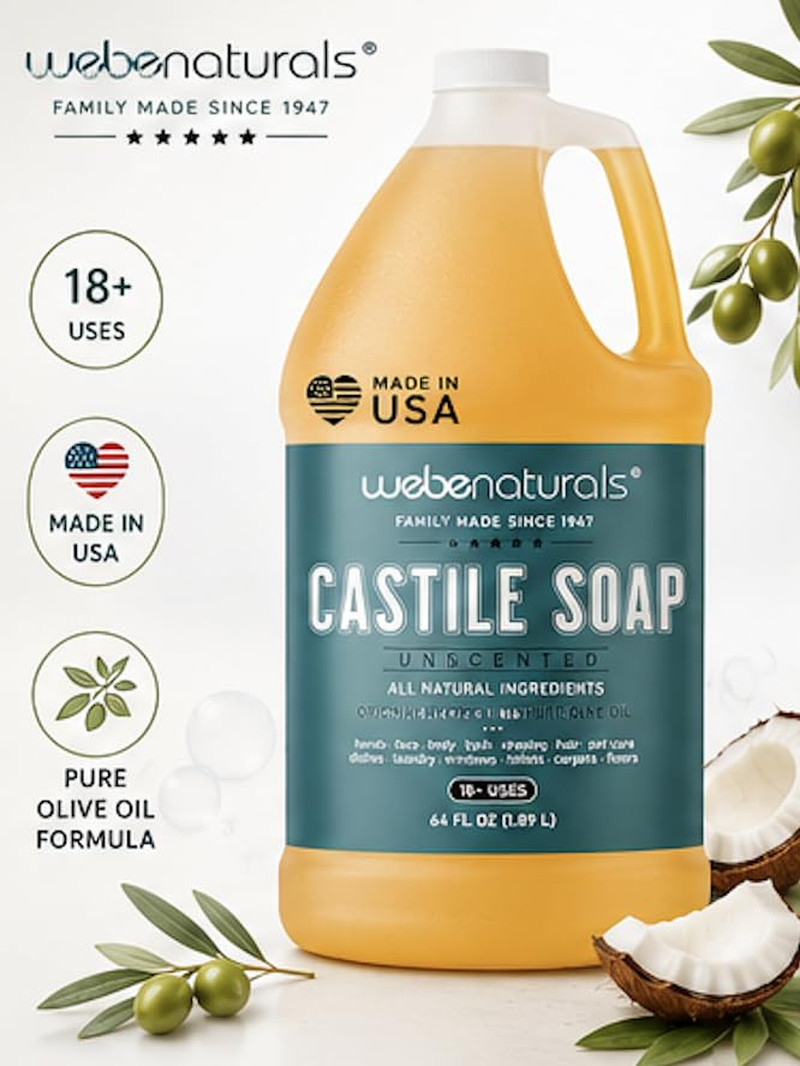 Pure Unscented Castile Liquid Soap Refill, 64 Ounce | Vegan & Gluten Free Non-Gm