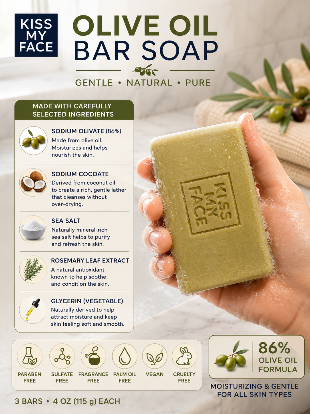 Olive Oil Bar Soap 3 Pack 4 oz Fragrance Free Vegan Soap Kiss My Face