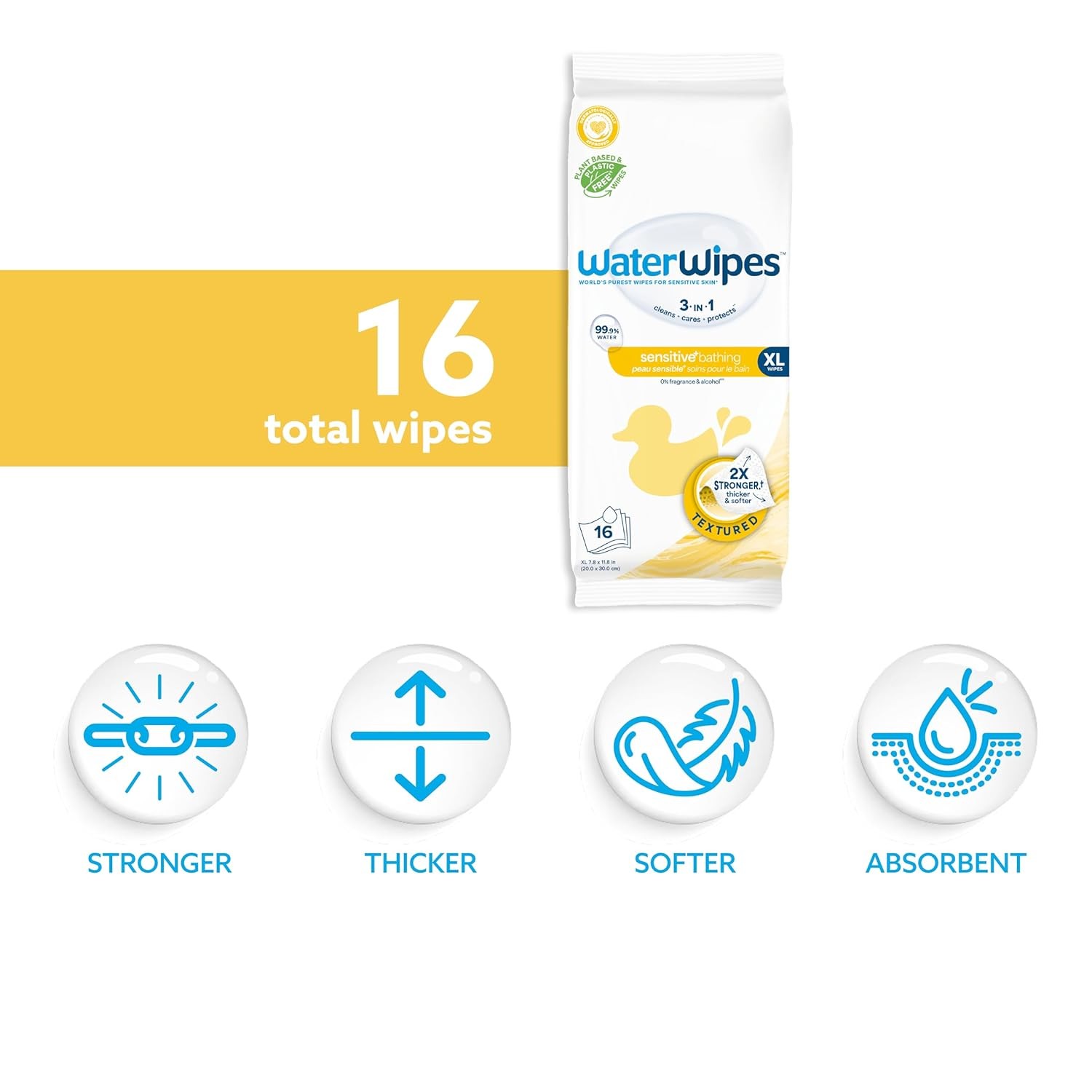 WaterWipes Sensitive+ Bathing Wipes, 3-In-1 Cleans, 16 Count (Pack of 1)